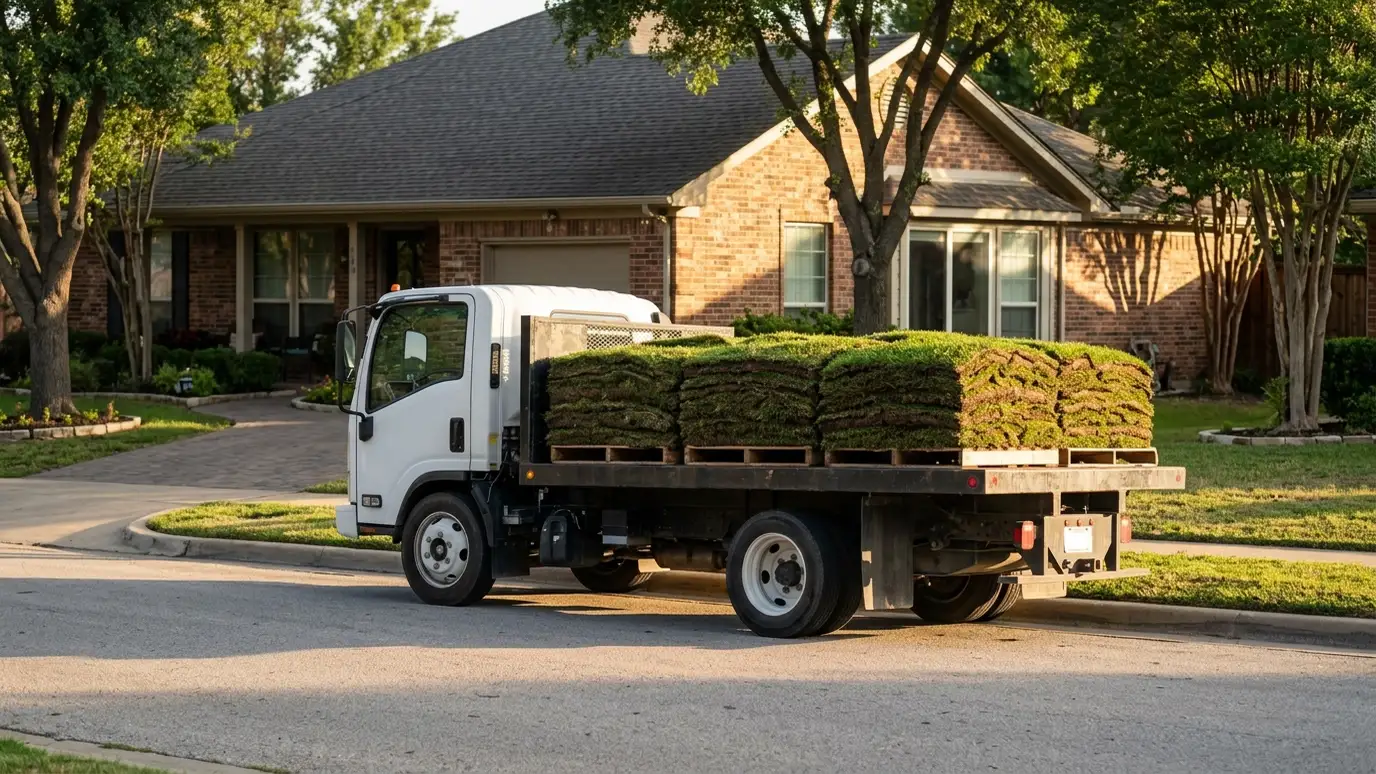 About Music City Sod A white work truck with a flatbed carrying pallets of green sod parked in front of a brick home in warm morning light