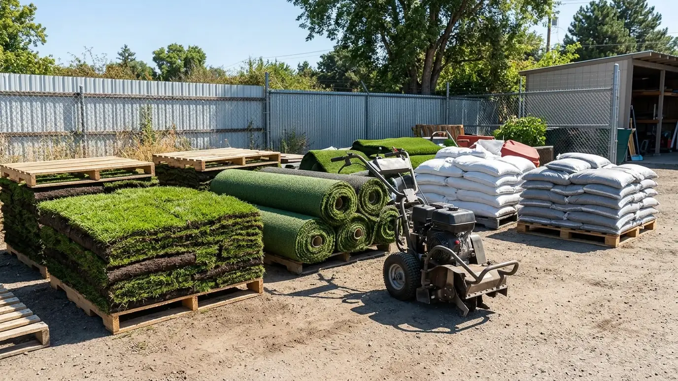 A tidy equipment yard with neat pallets of green sod, rolls of artificial turf, bags of infill and a sod cutter under bright light