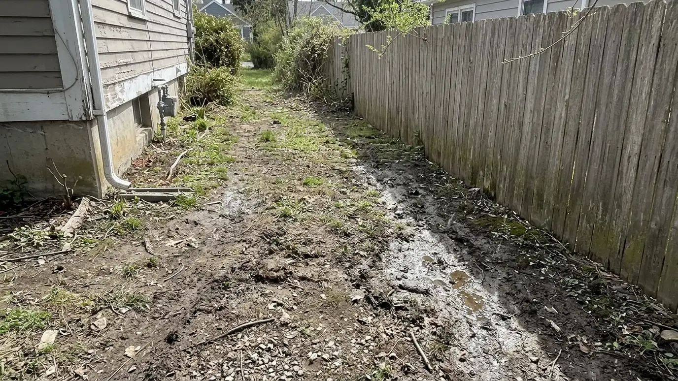 Before: a side yard with mud and bare patches along a fence