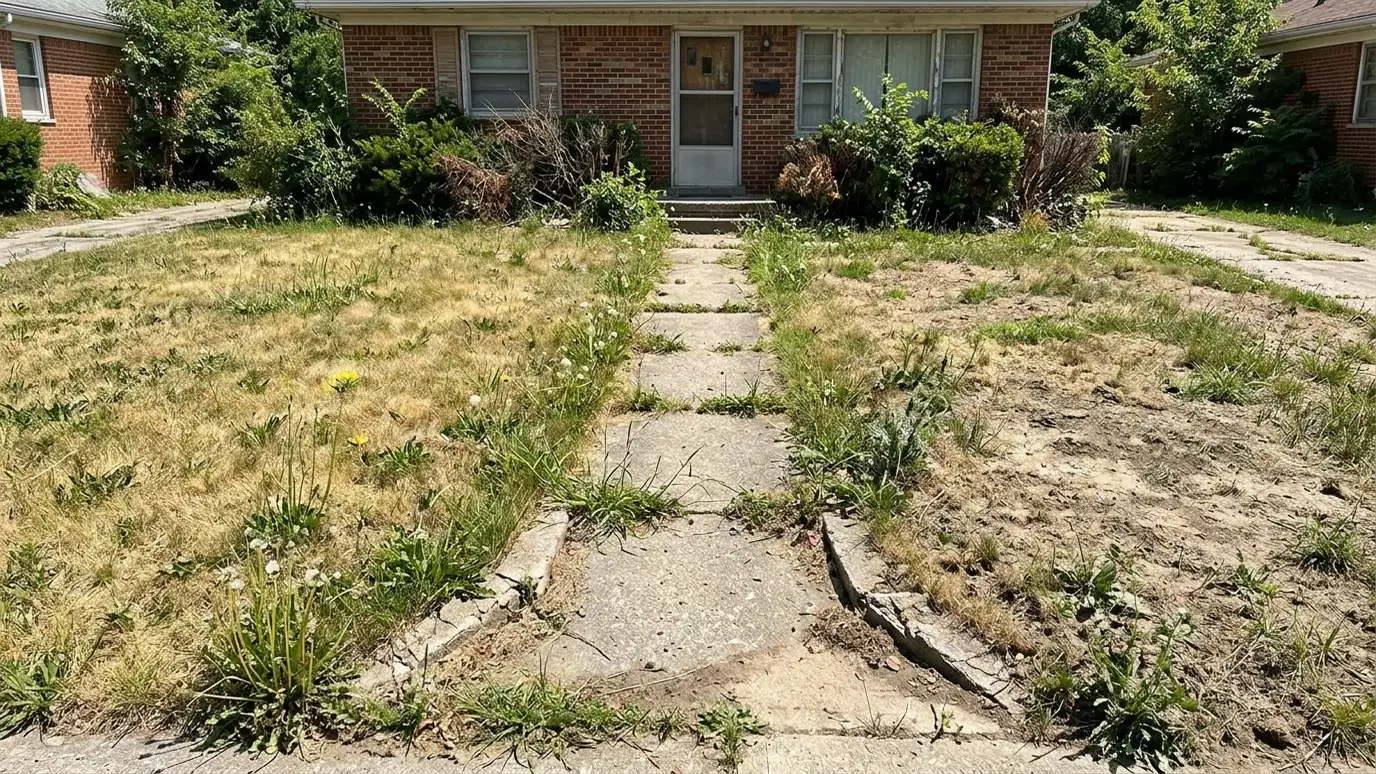 Before: a front yard with weeds, bare dirt and dead grass