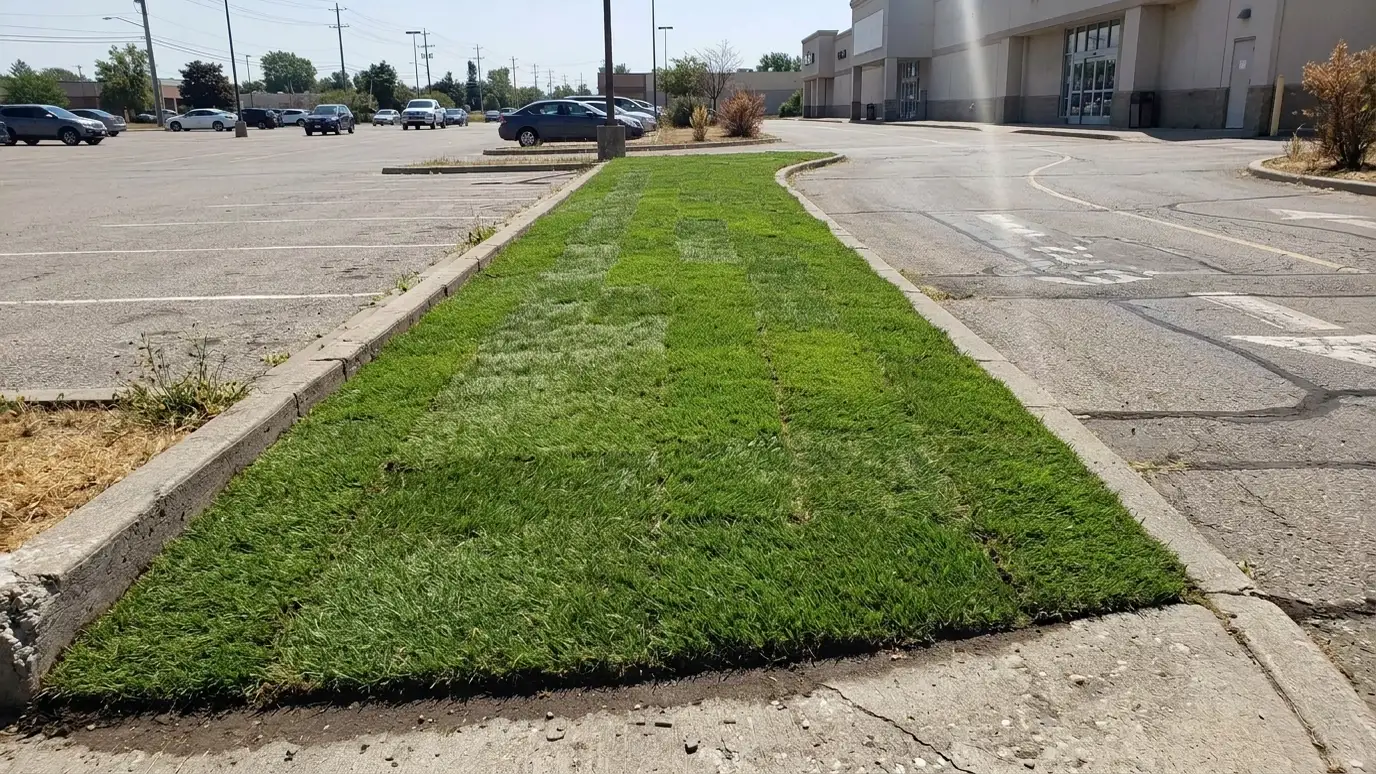 After: a commercial entrance strip with thick green sod, freshly installed