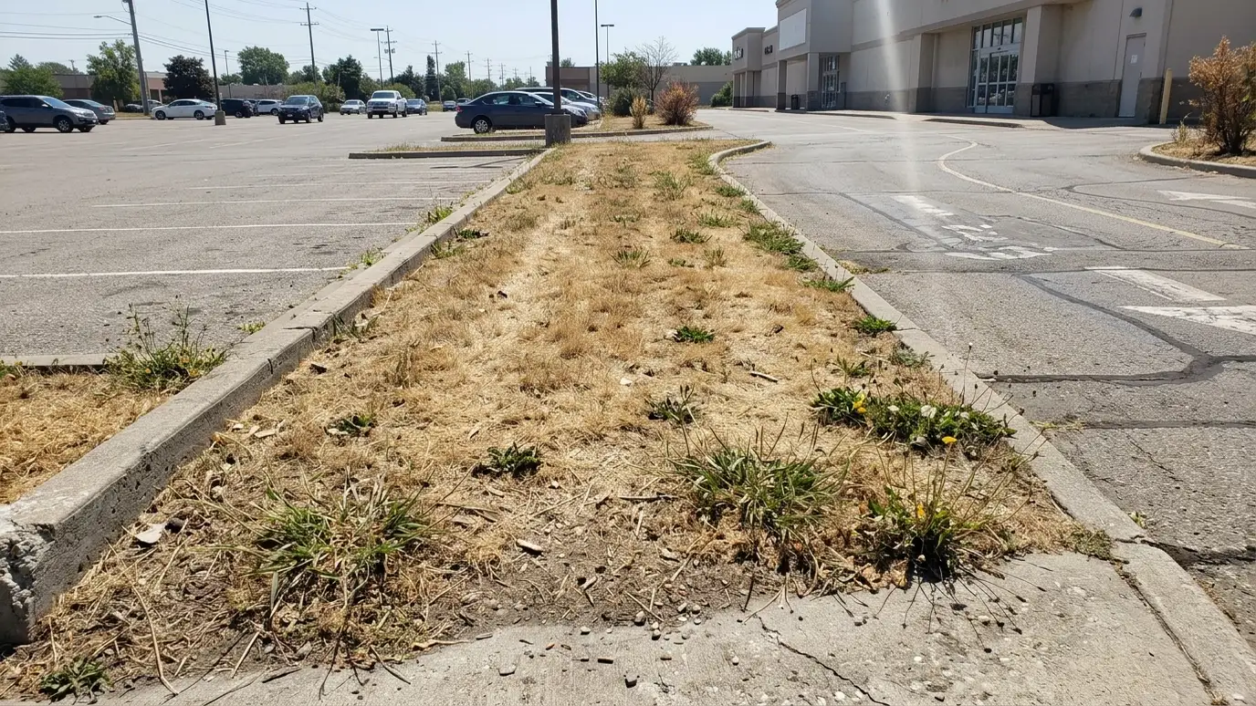 Before: a commercial entrance strip with dead brown grass and weeds along a parking lot