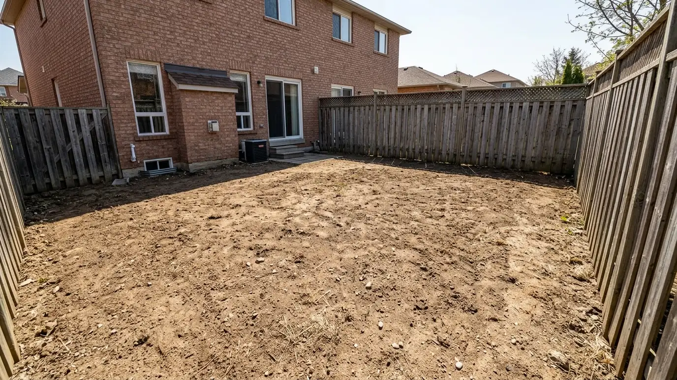 Before: a backyard with bare brown dirt behind a brick home