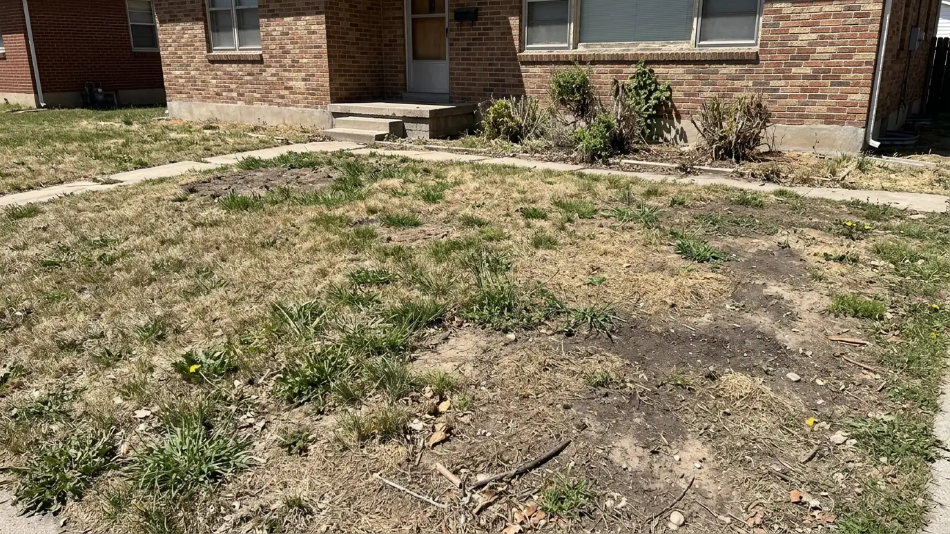 Before: a front lawn with thin, weedy grass with bare spots