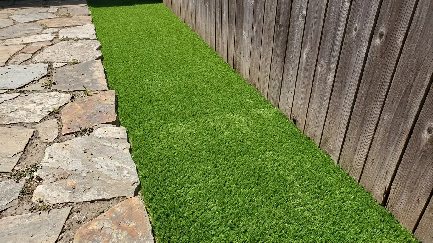 After: a patio border with neat artificial turf against the patio