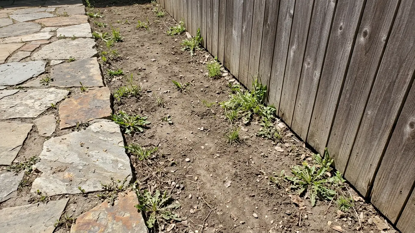 Before: a patio border with a bare dirt strip with weeds beside a patio