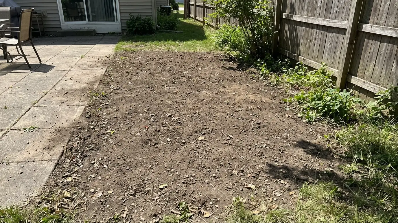 Before: a backyard corner with a flat patch of bare soil beside a patio