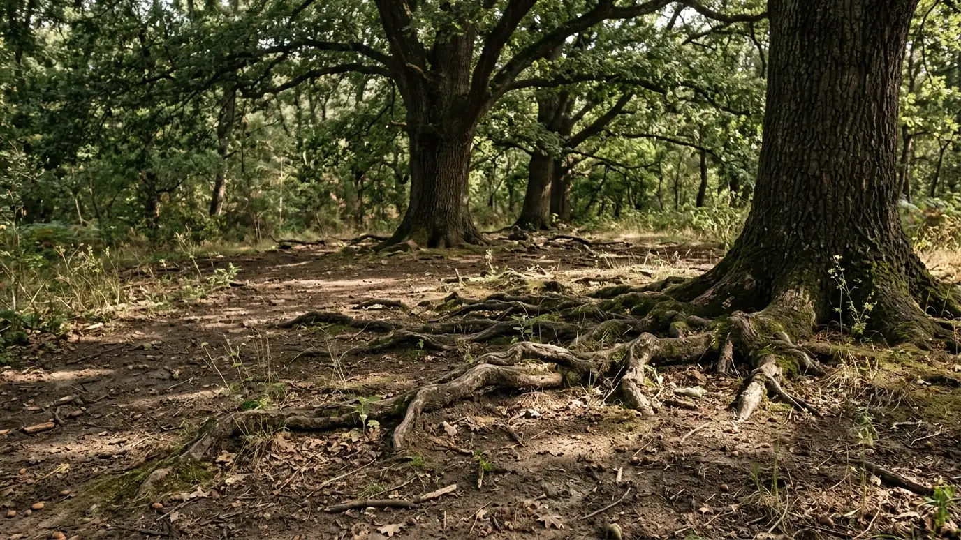 Before: a shady area under oak trees with bare ground and thin weeds under big trees