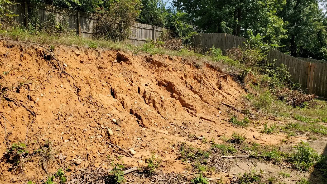 Before: a backyard slope with bare, eroding orange clay with washed out channels