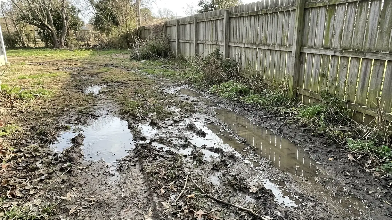 Before: a backyard with mud, puddles and worn dirt along a fence