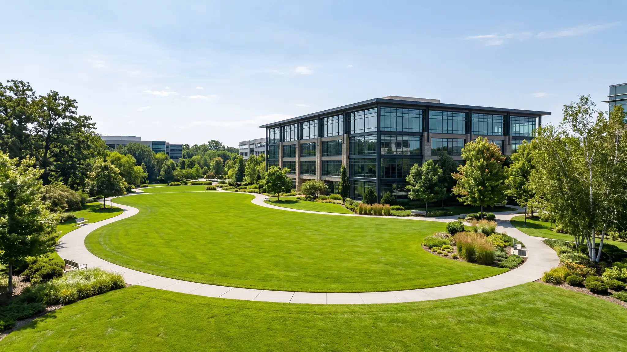 A broad manicured green lawn around a modern commercial building and a park-like office campus with walking paths and trees