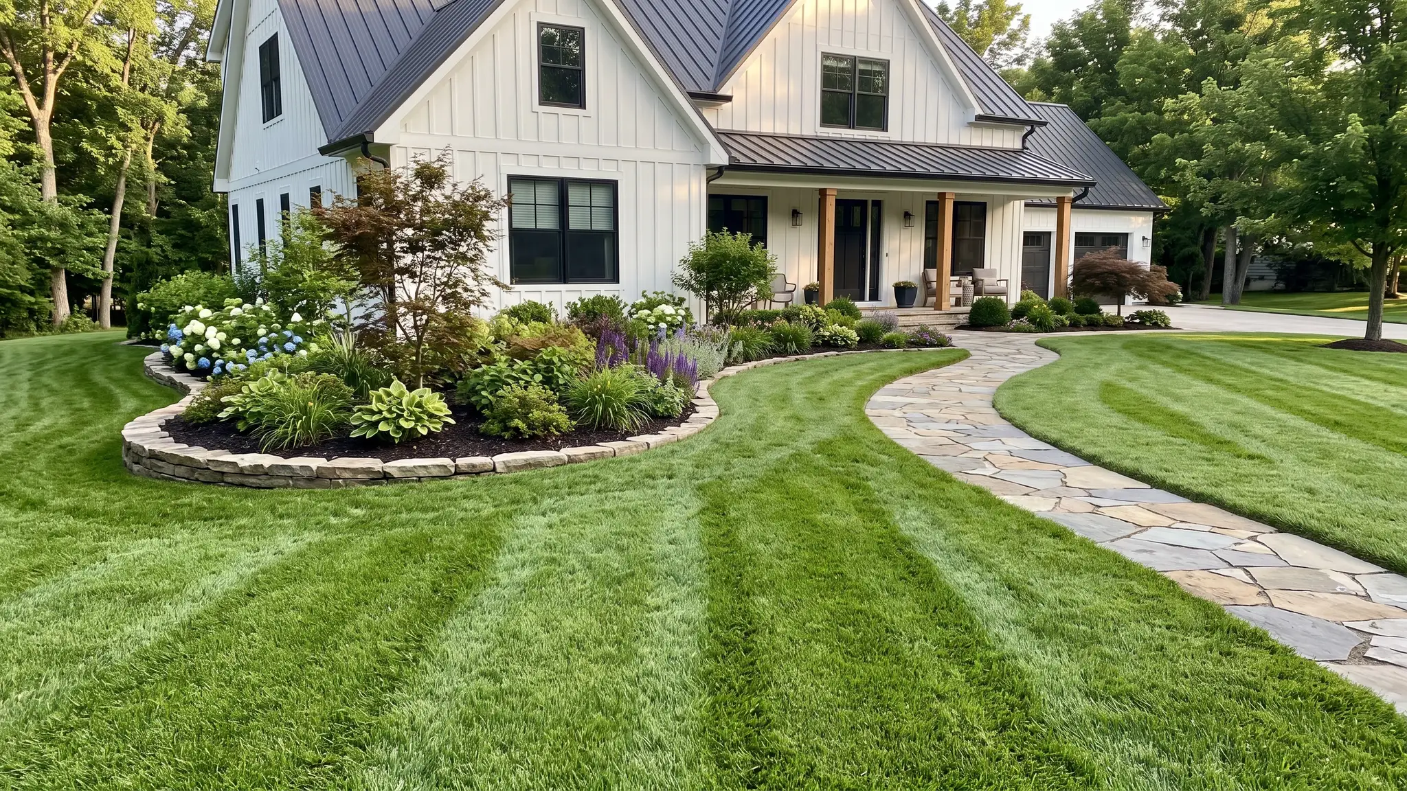 A lush dense striped green tall fescue lawn in front of a modern farmhouse style home with a curved flower bed and a walkway