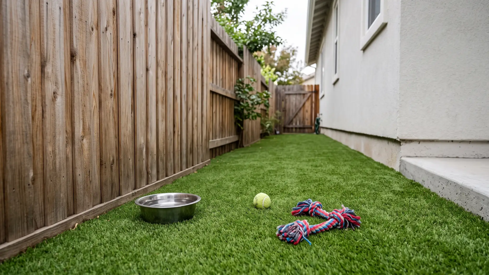 A clean artificial turf side yard with a chew toy, a ball and a water bowl on the turf beside a wooden fence