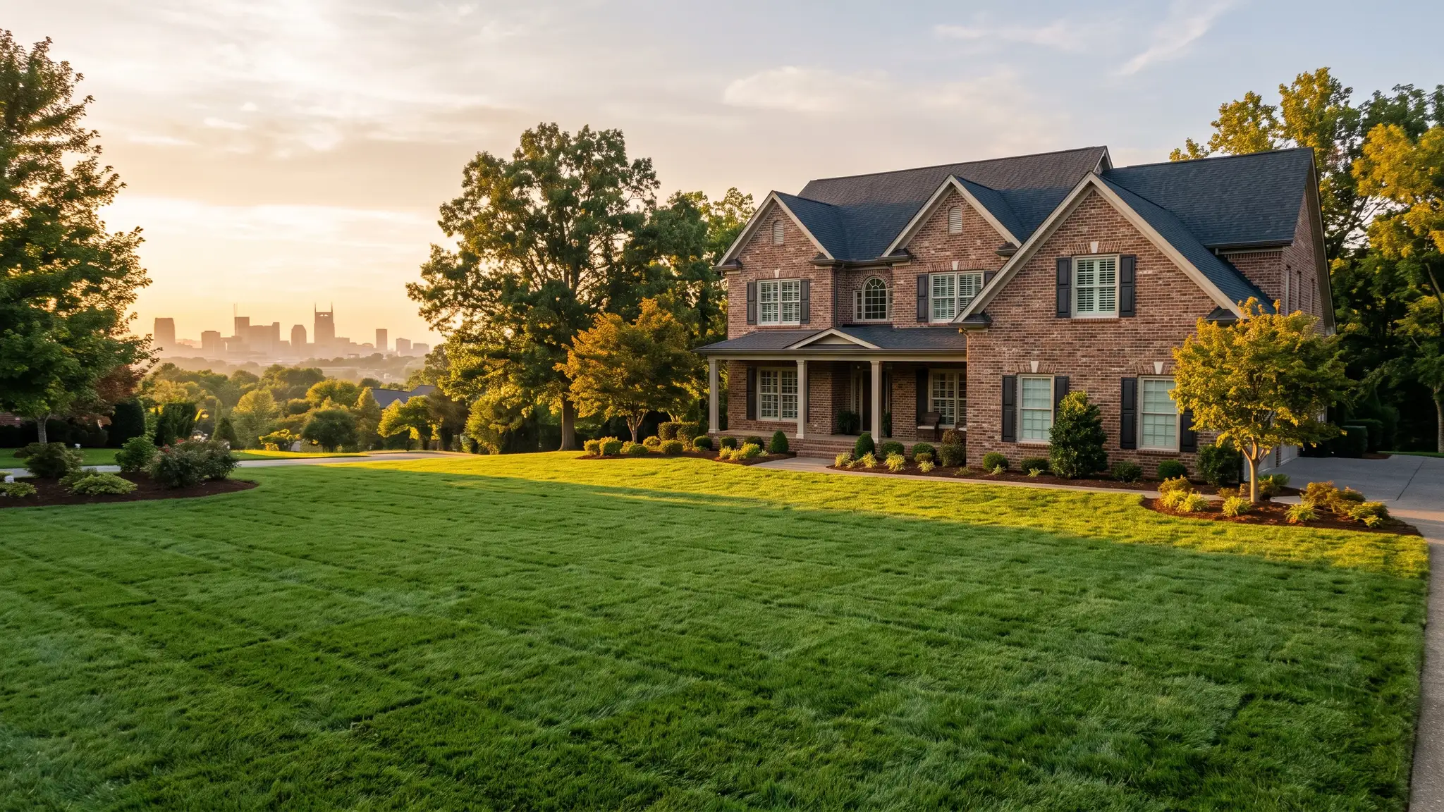 A thick, perfectly green freshly laid sod lawn in front of a handsome brick Tennessee home at golden hour with the Nashville skyline softly visible in the distance