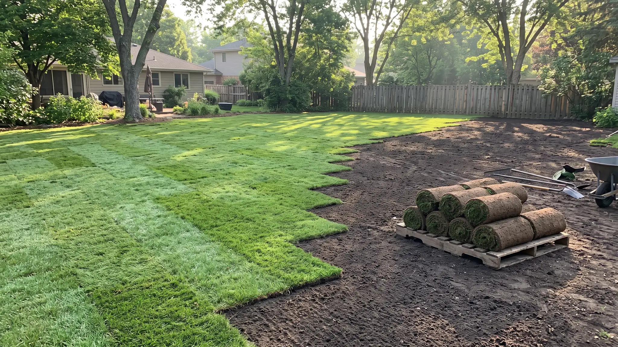 Fresh rolls of green sod being laid across prepared dark soil in a large backyard with a few rolls still stacked on a pallet