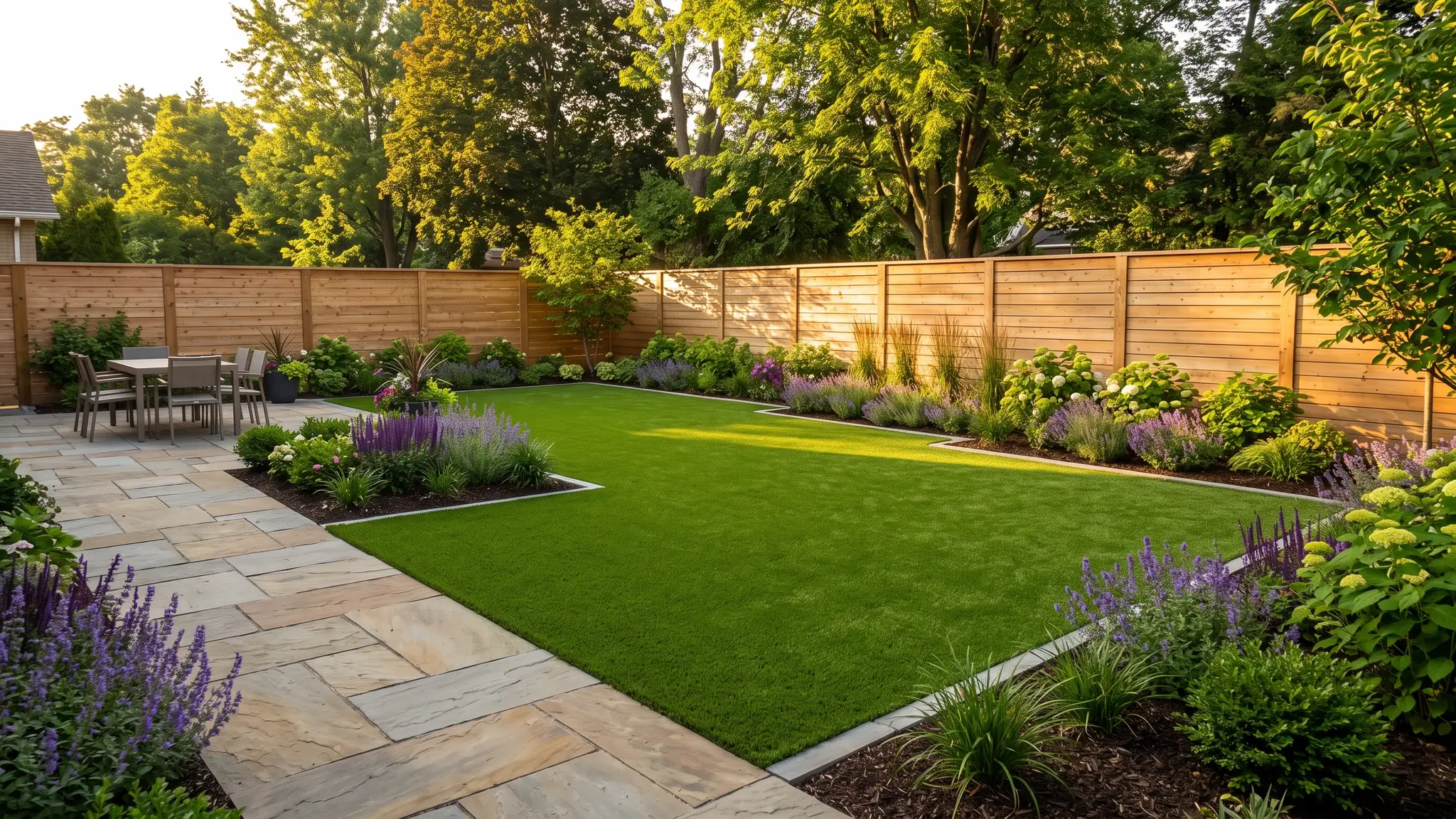 A beautiful backyard with a realistic artificial turf lawn, a stone patio, a wood fence and flower beds with neat clean edges