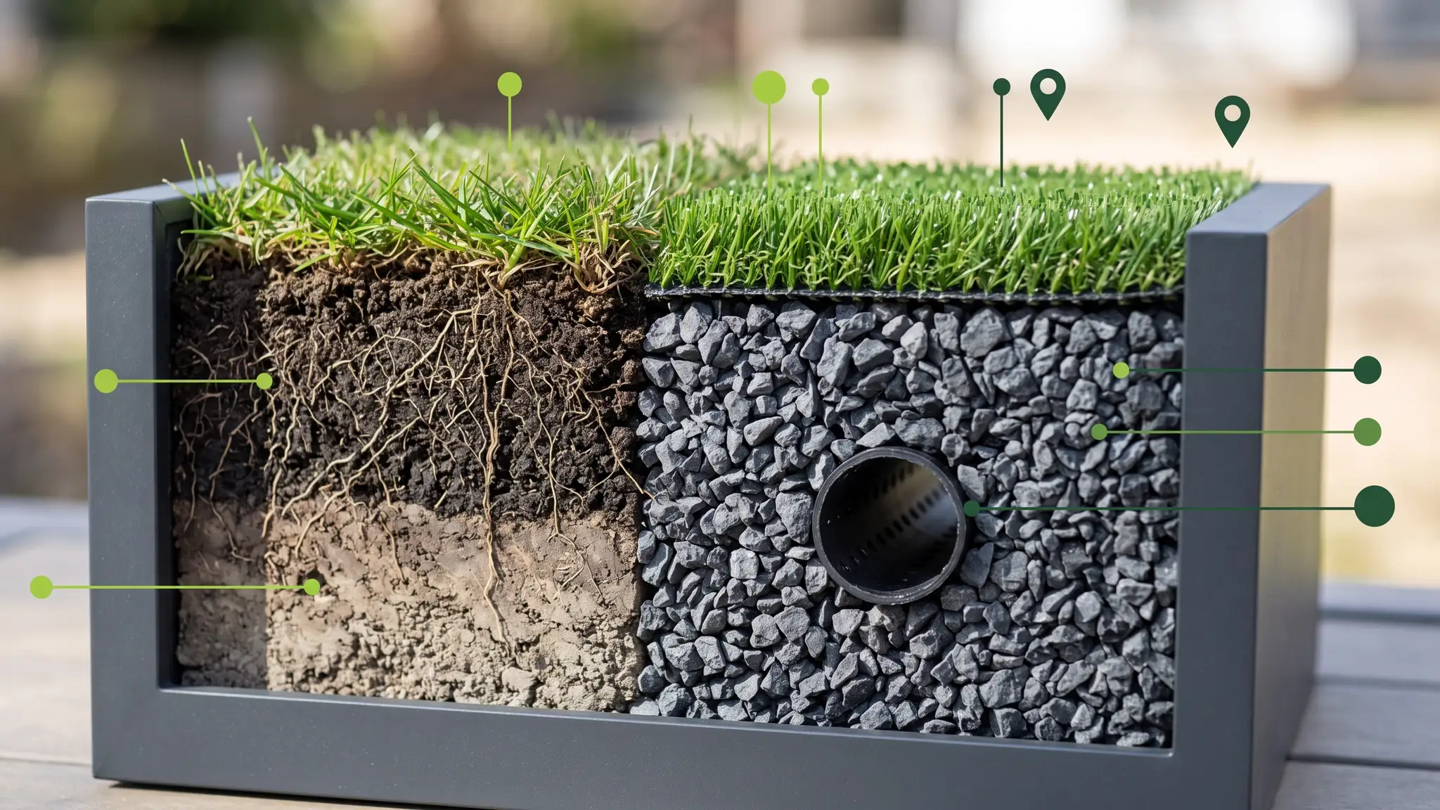A cutaway illustration of a lawn showing the layers from the surface down: sod with roots over topsoil and compacted subgrade, and beside it artificial turf over a crushed stone base with a drain pipe