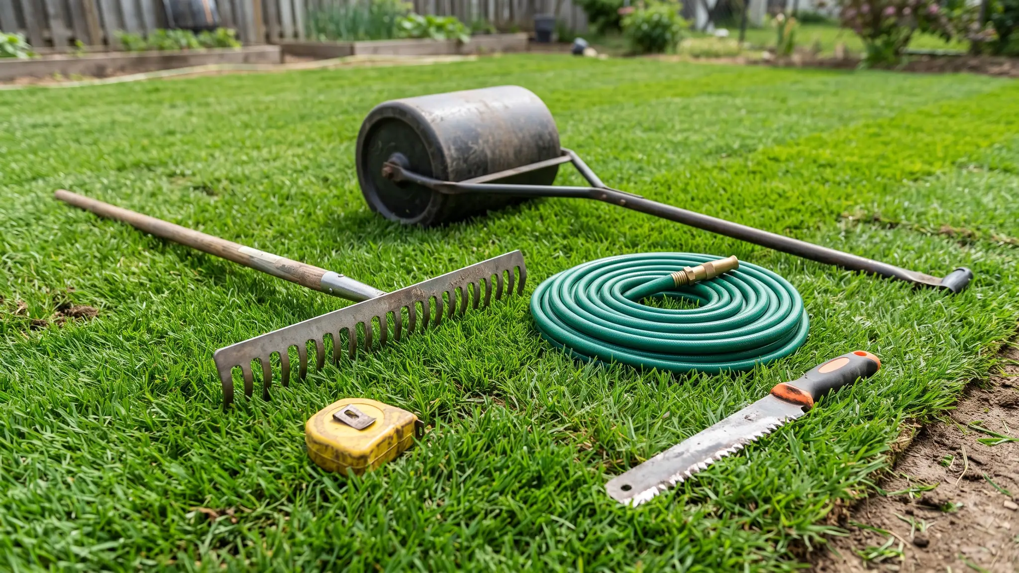 Sod and turf tools and calculators | Music City Sod Lawn installation tools laid on fresh grass: a sod knife, a landscape rake, a tape measure, a lawn roller and a hose coiled neatly