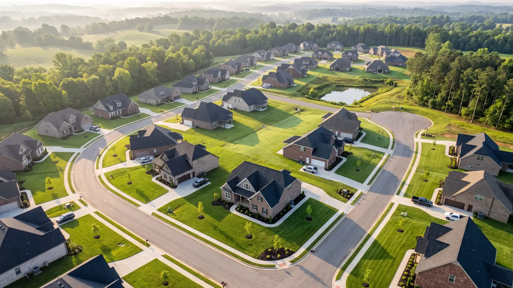Sod and turf resource guides | Music City Sod An aerial view of a new Tennessee subdivision with fresh green sod lawns, driveways and young trees in soft morning light