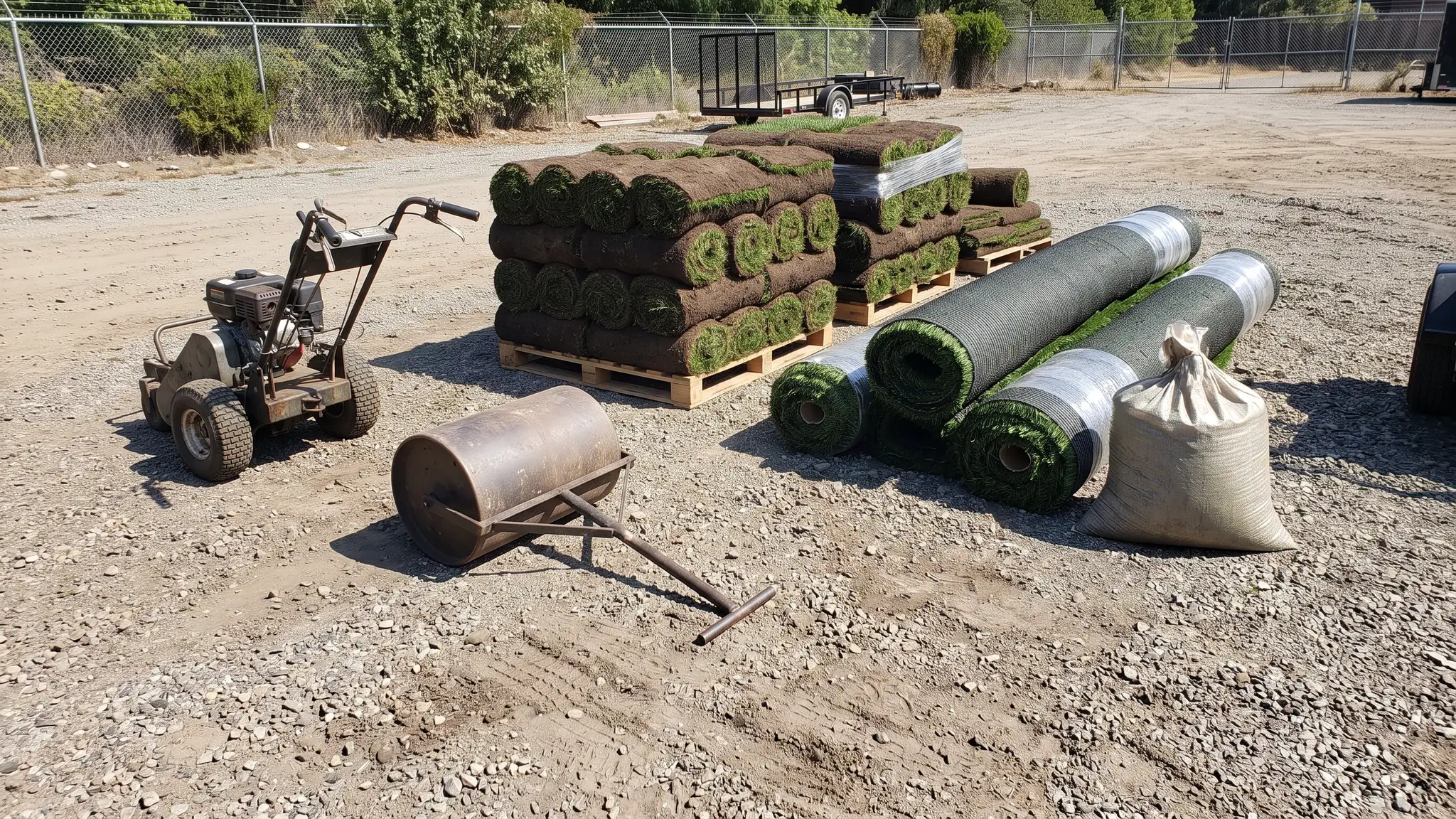 A sod and turf job staging area with pallets of green sod rolls, rolls of artificial turf, a bag of infill, a sod cutter and a roller on a gravel yard
